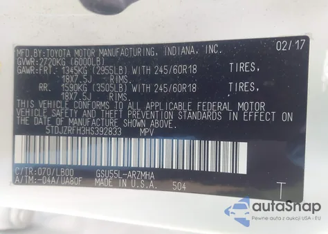 2017 Toyota Highlander Xle z USA, uszkodzony, nr VIN 5TDJZRFH3HS392833